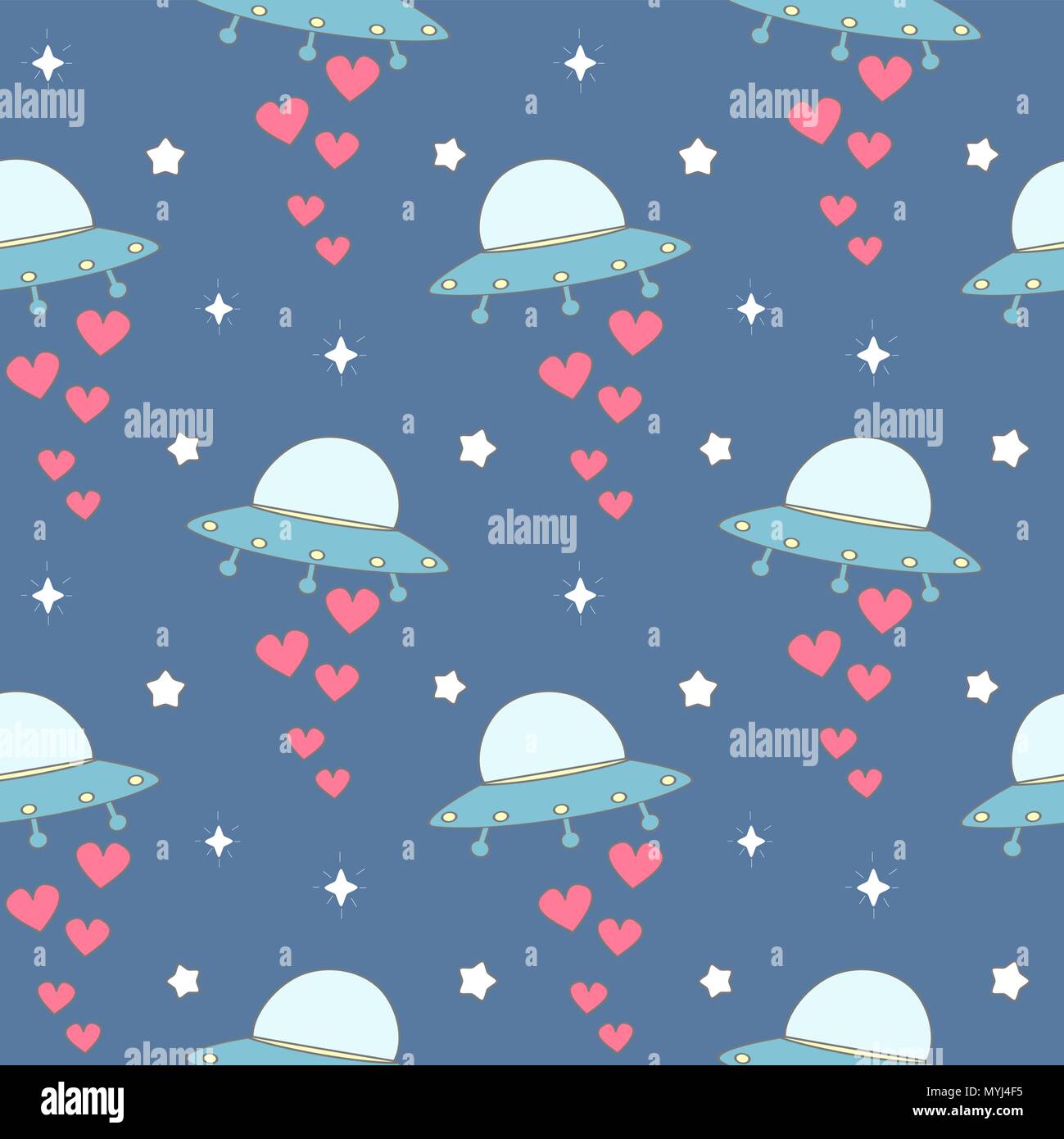 cute cartoon colorful ufo with hearts seamless vector pattern ...