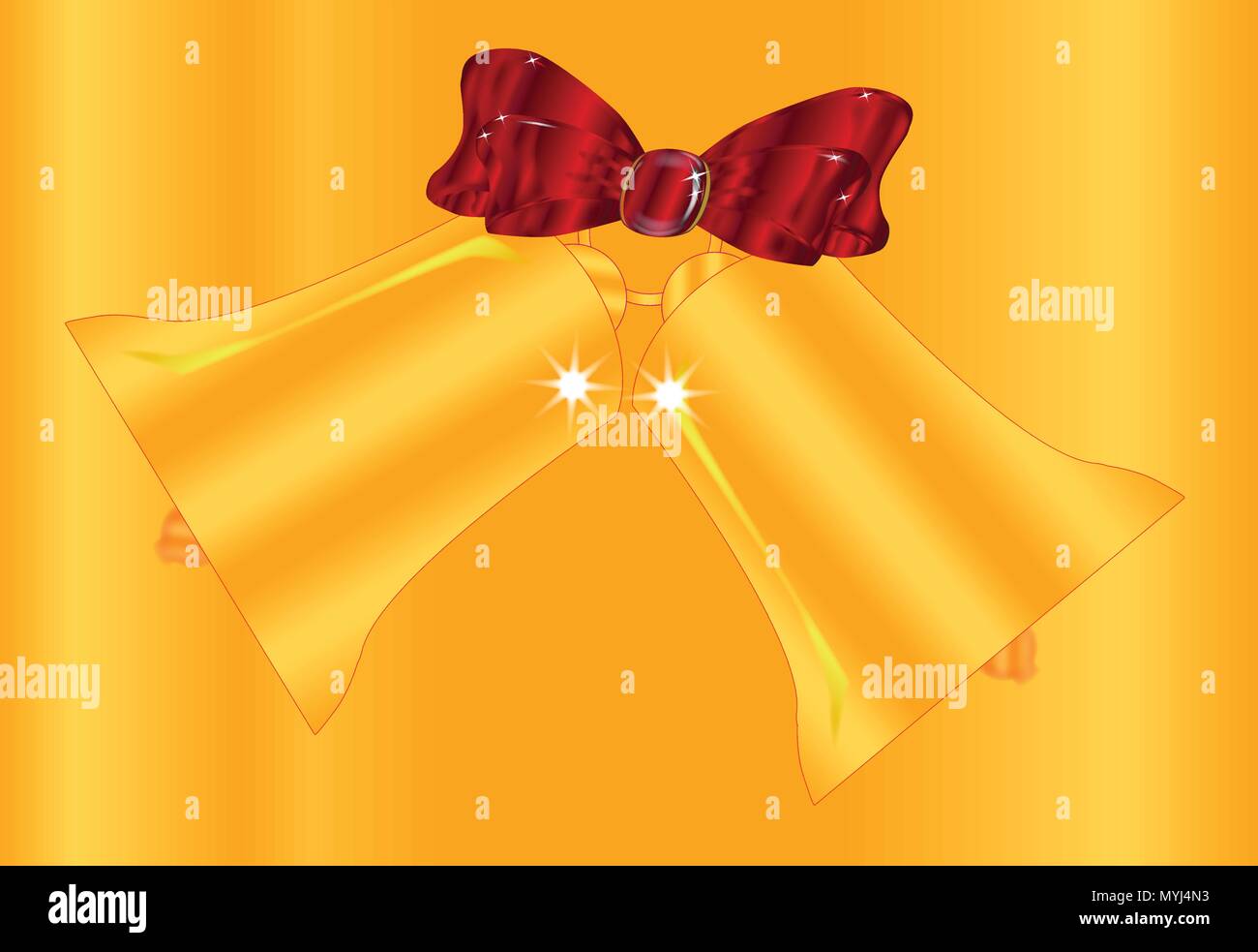A christmas red ribbon and two golden bells isolated on a golden ...