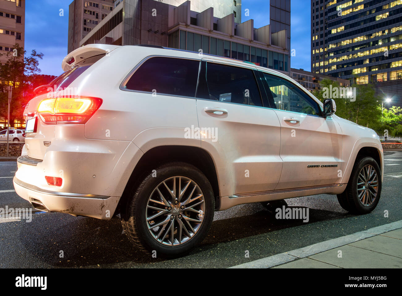 Warsaw, PolandApril 2018 New SUV Jeep Grand Cherokee model against