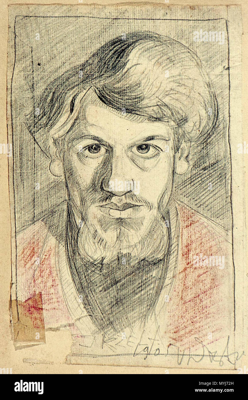 Nederlands: Self-portrait. circa 1905. Indian ink and brown watercolor or  brown ink on paper. 9 × 9 cm (3.5 × 3.5 in). Utrecht, Centraal Museum.  circa 1905. Theo van Doesburg (1883–1931)