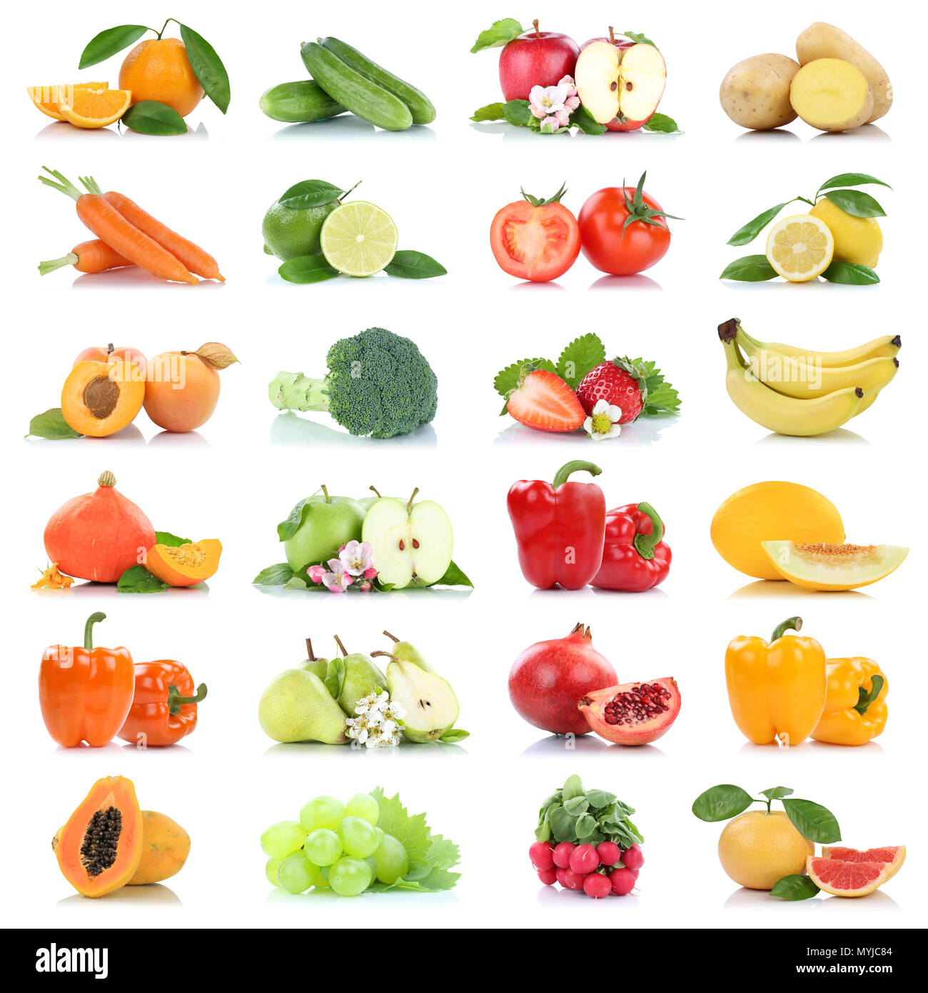 Fruit many fruits and vegetables collection isolated apple oranges grapes tomatoes colors on a