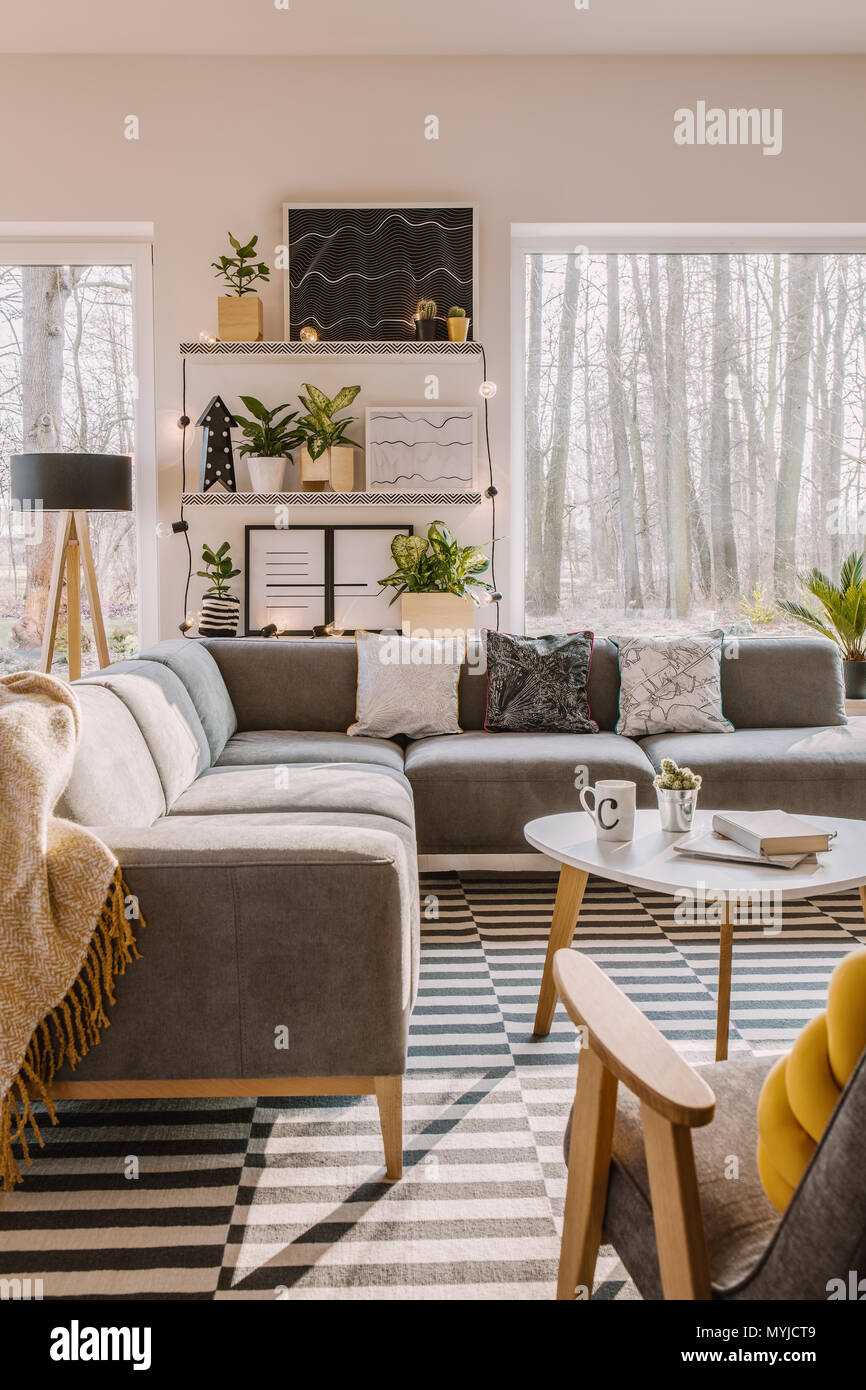 Grey Corner Sofa In Spacious Bright Living Room Interior