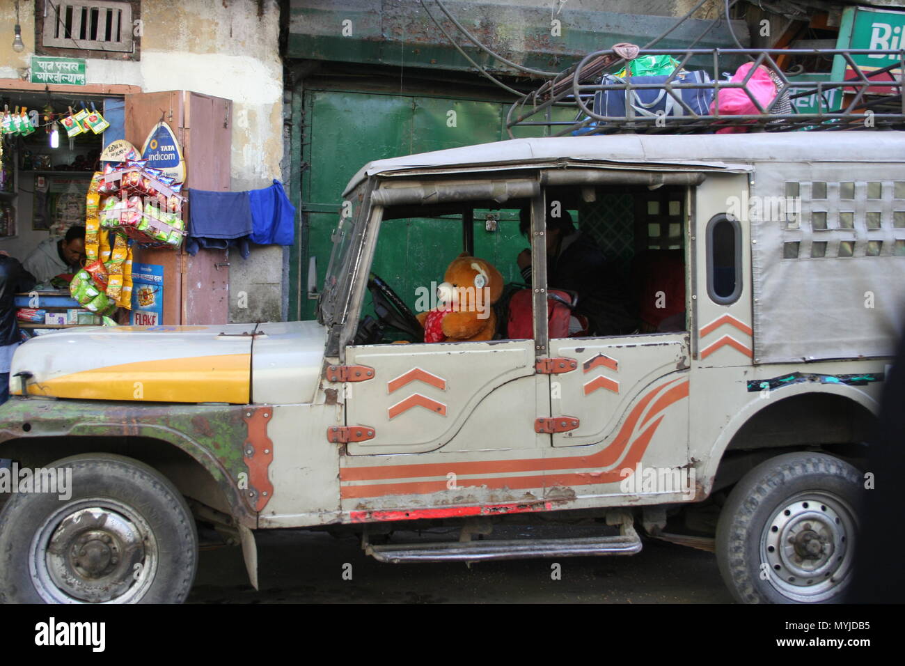Teddy Bear Driving a Jeep, Darjeeling, India Stock Photo