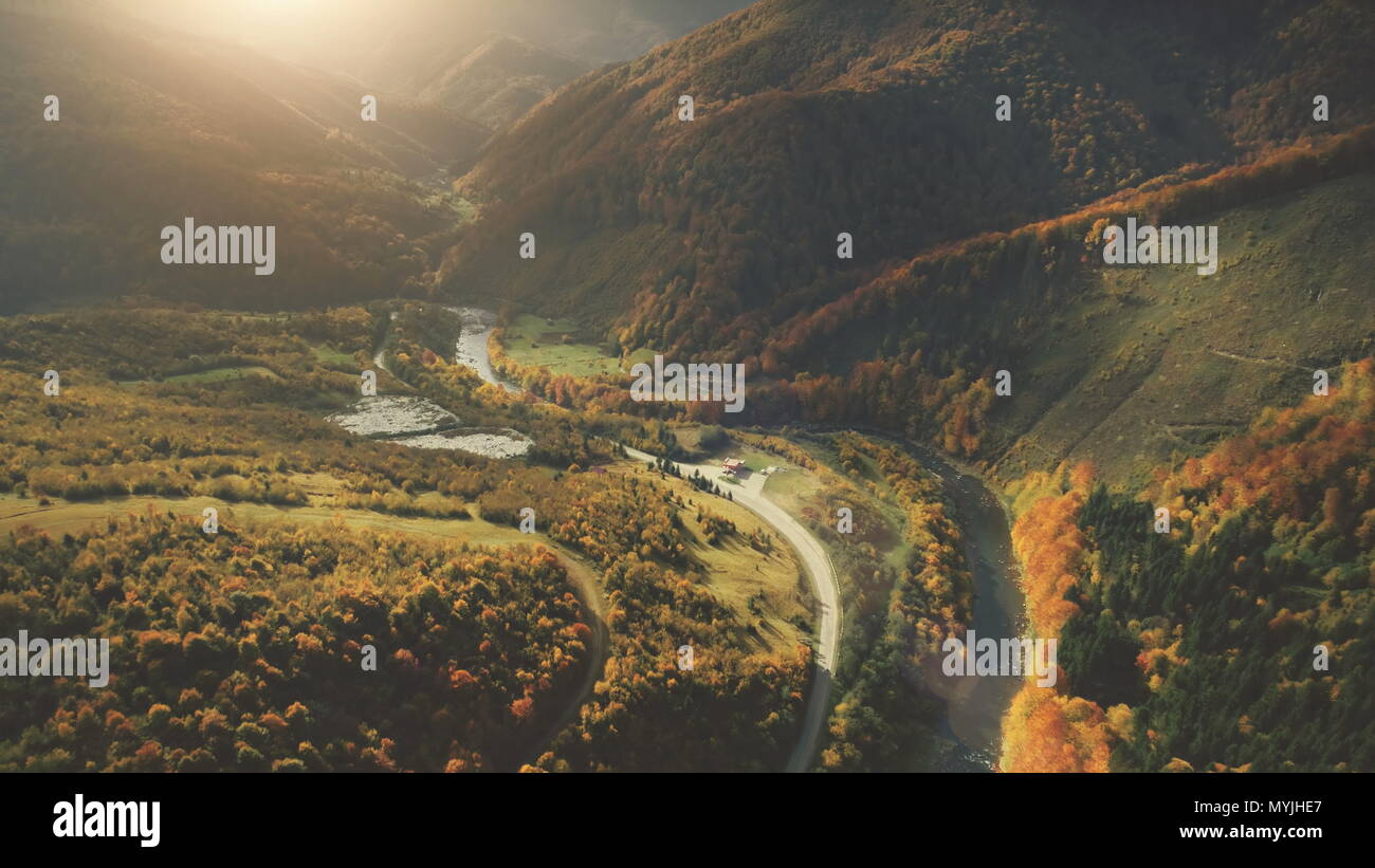 Aerial View Over Dramatic Autumn Mountain Landscape Green
