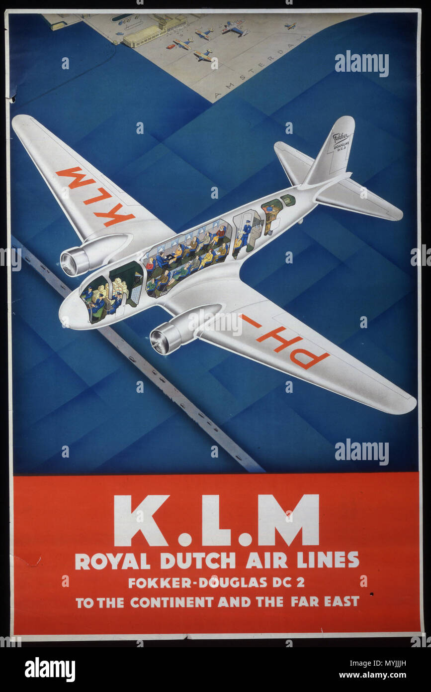 . English: K.L. M. ROYAL DUTCH AIRLINES FOKKER-DOUGLAS DC2 TO THE CONTINENT AND THE PAR EAST. Multicolor commercial aviation print. Plan view of airplane (Fokker Douglas DC-2) shown in the air, flying over a busy highway and edge of the Amsterdam airport; airplane is shown in cross section; primarily blue and red ink on paper. Full text: 'K.L. M. ROYAL DUTCH AIRLINES FOKKER-DOUGLAS DC2 TO THE CONTINENT AND THE PAR EAST.' . 1935. KLM 289 K.L.M. Royal Dutch Airline Fokker- Douglas DC2 To the Continent and the Far East Stock Photo