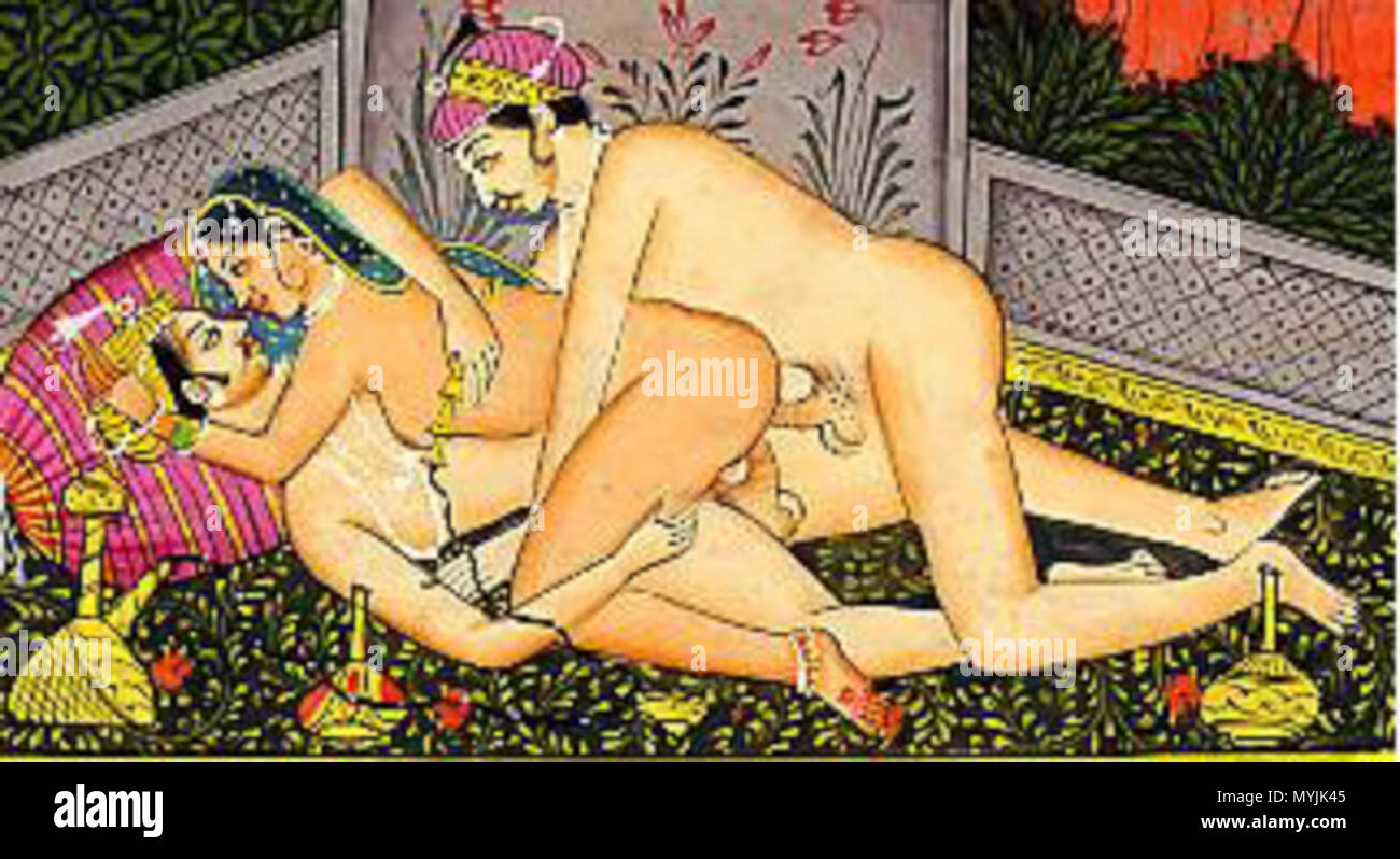 English: Kama Sutra depiction of threesome (one woman with two men) . 20  June 2012. Kama Sutra 290 Kama Sutra 50 detail Stock Photo - Alamy