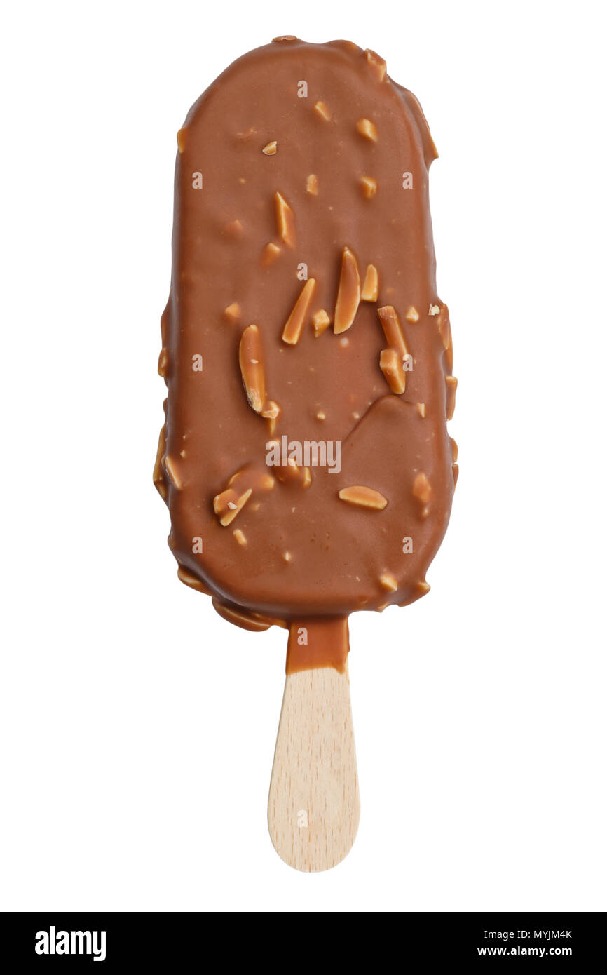 Chocolate covered ice cream on a stick with almonds icecream ice-cream summer isolated on a white background Stock Photo