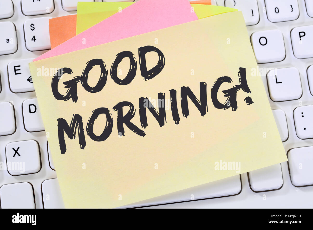 Good morning hello greeting welcome message business concept computer keyboard Stock Photo