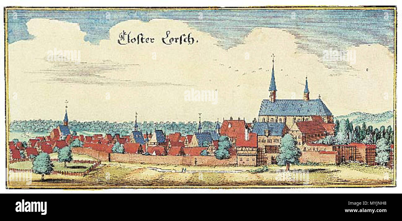. English: Coloured engraving shows the Monastery Lorsch, Hesse Deutsch: Kloster Lorsch auf einem kolorierten Kupferstich . circa 1615. Matthäus Merian 299 Kloster-lorsch-um-1615-matthaeus-merian 1-648x313 Stock Photo