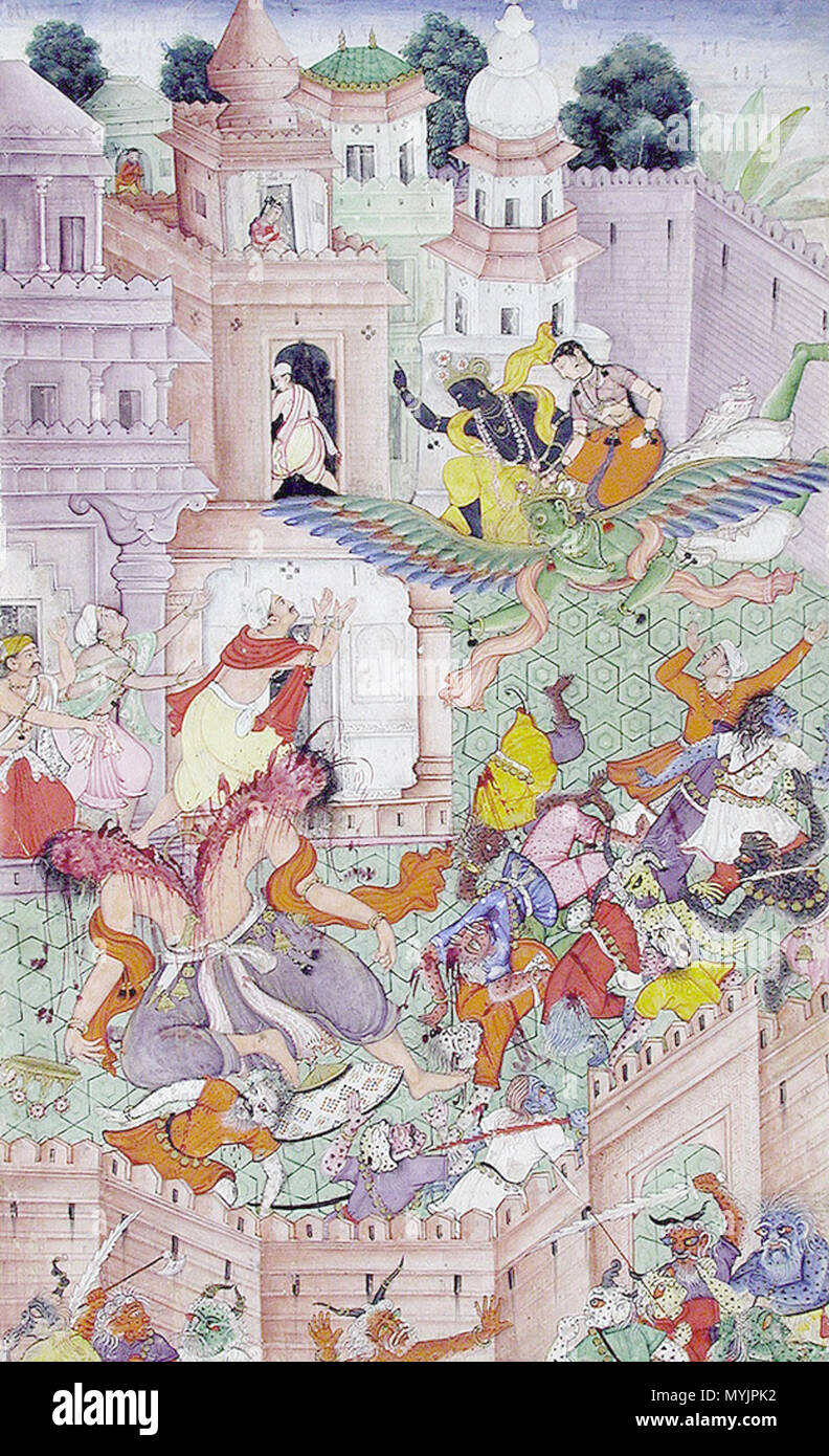 . English: Accession Number: 1990:286 Display Title: Krishna Cleaves the Demon Narakasura with his Discus Suite Name: Harivamsha Media & Support: 'Opaque watercolor and gold on paper, mounted as an album page' Creation Date: ca. 1585-1590 Creation Place/Subject: India State-Province: New Delhi Court: Mughal School: Mughal Display Dimensions: 11 27/32 in. x 7 1/8 in. (30.1 cm x 18.1 cm) Credit Line: Edwin Binney 3rd Collection Label Copy: An appendix to the Mahabharata ( Razmnama ), the Harivamsa tells the story of the adventures of Krishna, one of the incarnations of Vishnu. The text was rende Stock Photo