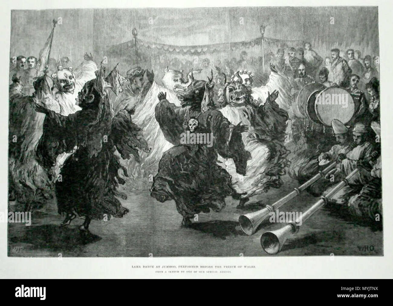 . English: 'Lama dance at Jummoo, performed before the Prince of Wales,' from the Illustrated London News, 1876 . 1876. Illustrated London News 311 Lama dance at Jummoo, Stock Photo