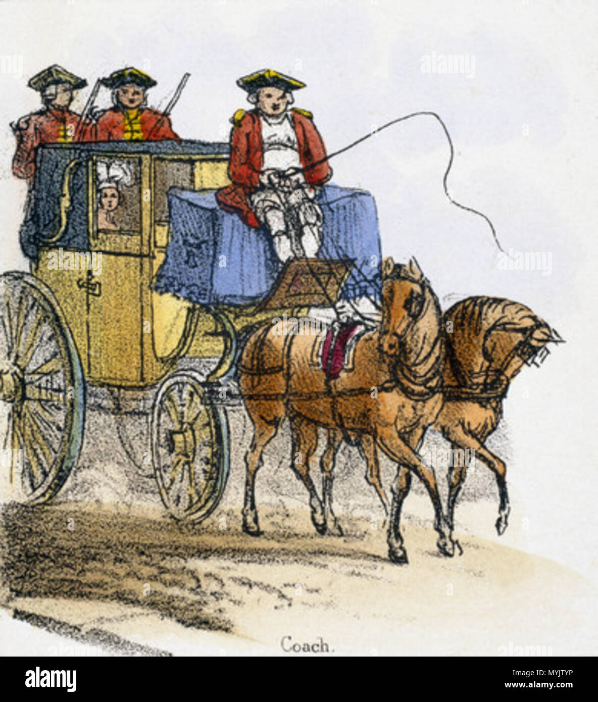 . Vignette from a lithographic plate showing a horse-drawn dres coach with two armed guards on board. Taken from 'The Horse' in 'Graphic Illustrations of Animals - Showing Their Utility to Man in Their Employment During Life and Uses After Death' (1845), a book illustrated by Benjamin Waterhouse Hawkins. Printed by J Graf. Published by Thomas Varty. circa 1845. Hawkins, B Waterhouse (Benjamin Waterhouse) 312 Landaulet with armed footmen, c 1845 Stock Photo