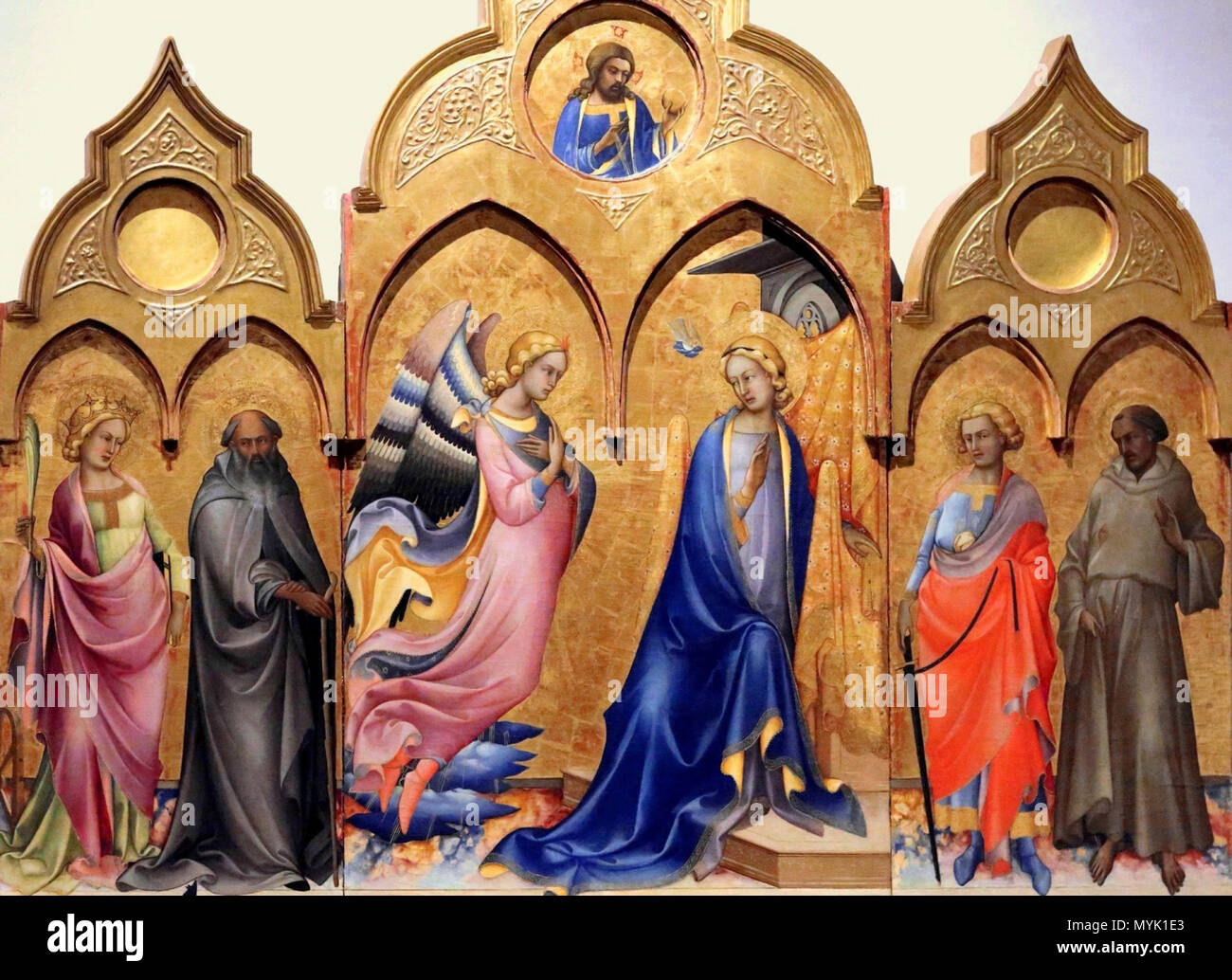 . English: Lorenzo Monaco, Annunciation triptych, 1409, Uffizi, Florence . 14 February 2017.   Lorenzo Monaco  (circa 1370–circa 1425)     Alternative names Don Lorenzo Monaco, Lorenzo degli Angeli (?), Birth name: Pietro di Giovanni  Description Italian painter, fresco painter and manuscript illuminator  Date of birth/death circa 1370 circa 1425  Location of birth/death Siena Florence  Work location Church of St. Mary of the Angels, Florence  Authority control  : Q155376 VIAF: 65534709 ISNI: 0000 0000 8389 6076 ULAN: 500026261 LCCN: n87877097 NLA: 35641512 WorldCat 328 Lorenzo Monaco, Annunci Stock Photo