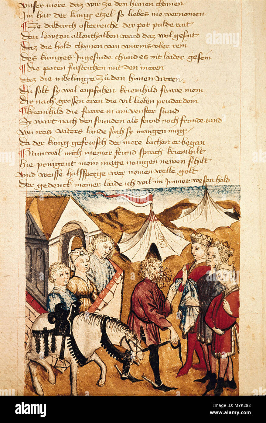 . Nibelungenlied. Hundeshagenscher Kodex . 15th century. Unknown 241 Hildebrand warnt die Burgunder an der Mauer warten Kriemhild Dietrich Hundeshagenscher Kodex Stock Photo