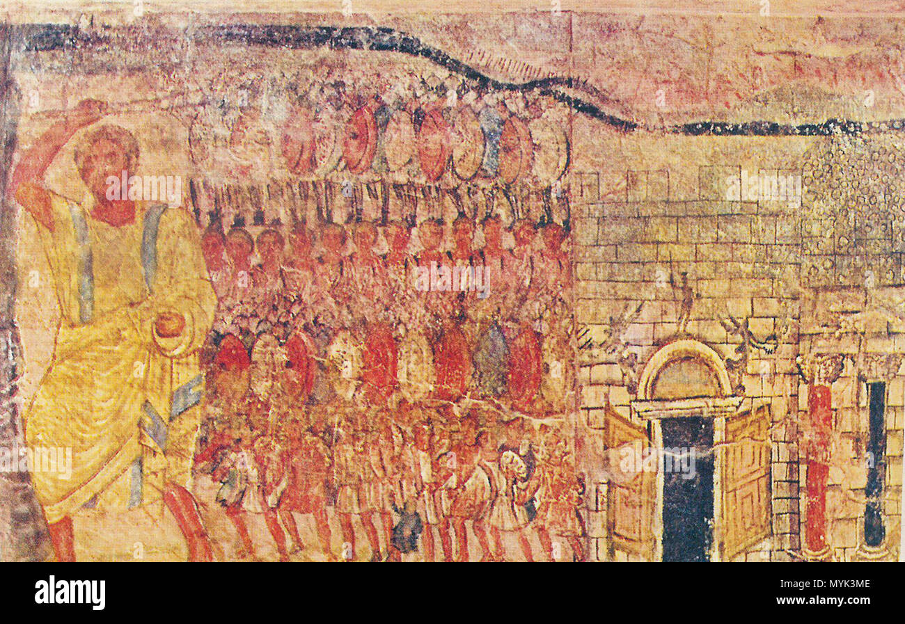 . English: Dura Europos synagogue wall painting showing the Hebrew leaving Egypt : west wall, register A . Adaptation by Marsyas 149 DuraSyn-WA3-Exodus from Egypt Stock Photo