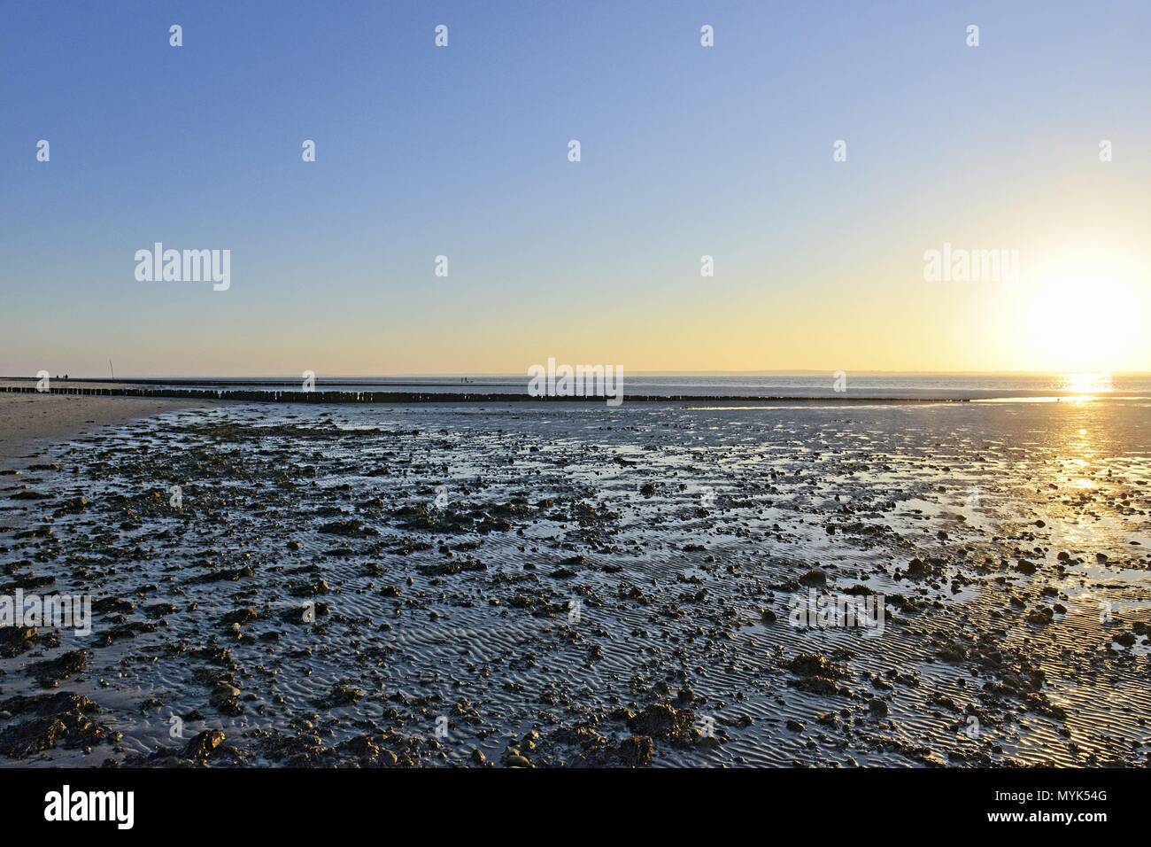 Searing light from the setting sun above the Wadden Sea near Utersum on the coast from the island Föhr, 13 February 2018 | usage worldwide Stock Photo