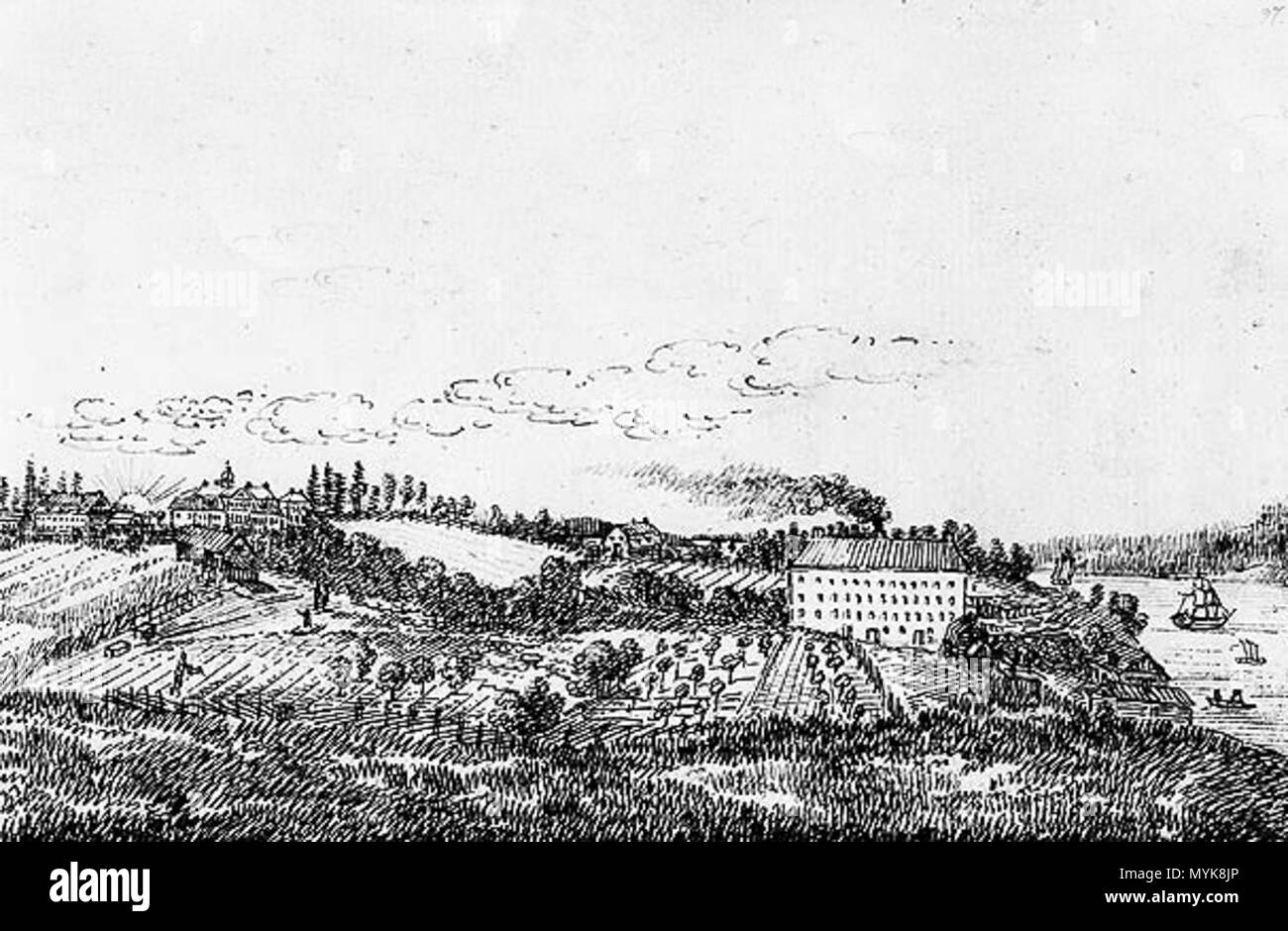 . English: Elfviks farm and factory 1816, Lidingö, Sweden. View towards east. Svenska: Elviks gård och textilfabrik på Lidingö. Teckning från 1816. Vy österut. Fabriksbygganden är med all sannolikhet tecknad överdrivet stor liksom den tillhörande herrgårdsnyggnaden till vänster uppe på höjden som avbildats som ett mindre slott vilket det bevisligen aldrig har varit. January 2007. Lidingo 157 Elfvik 1816 Stock Photo