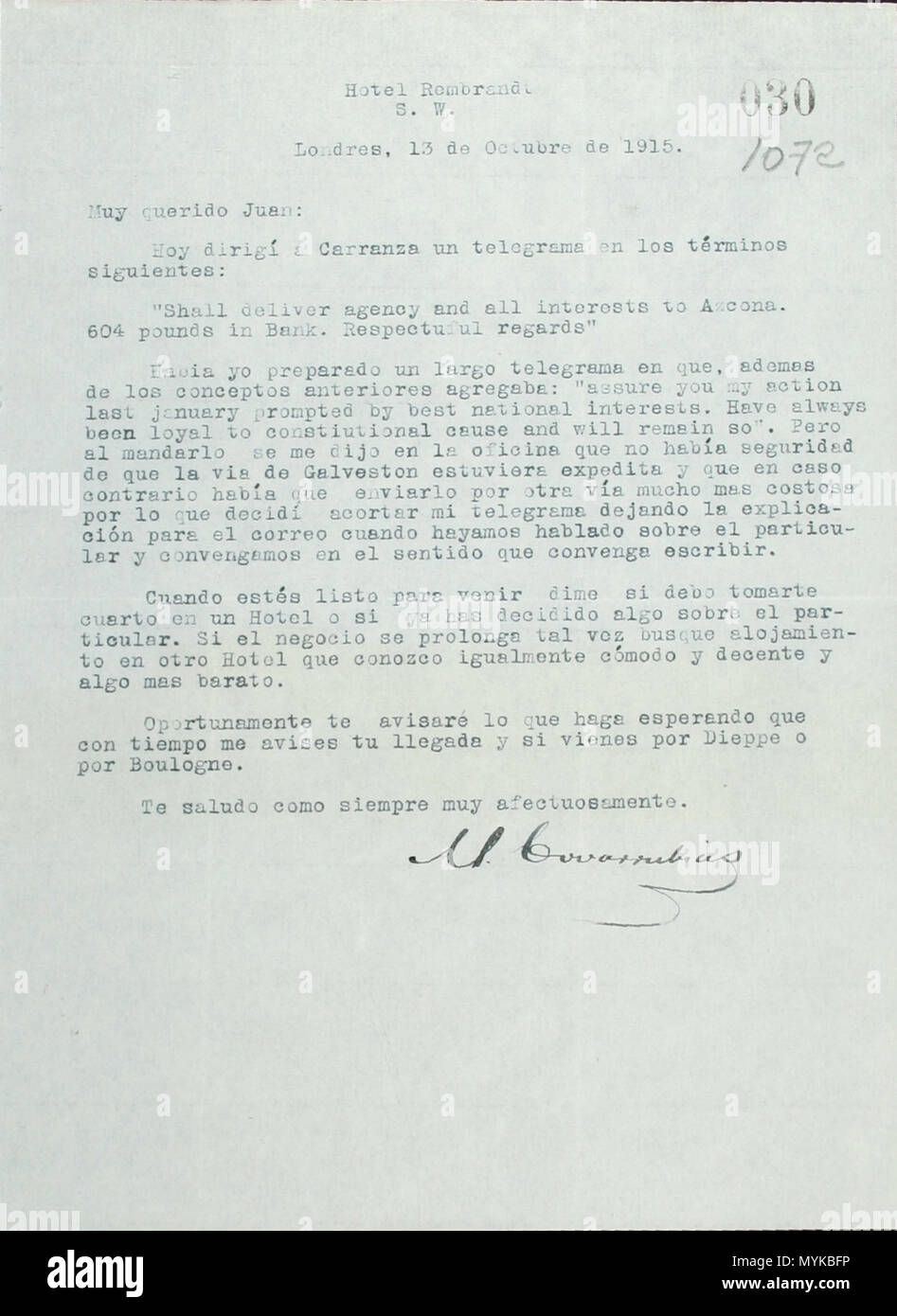 . Miguel Covarrubias espera que Venustiano Carranza le entregue una orden de autoridad para que entregue la Agencia Financiera. Expone el artículo sobre la propuesta de Woodrow Wilson para que los partidos en México acuerden el restablecimiento de la paz. 12 October 1915. Museo Soumaya 362 Miguel Covarrubias y los acuerdos constitucionalistas Stock Photo