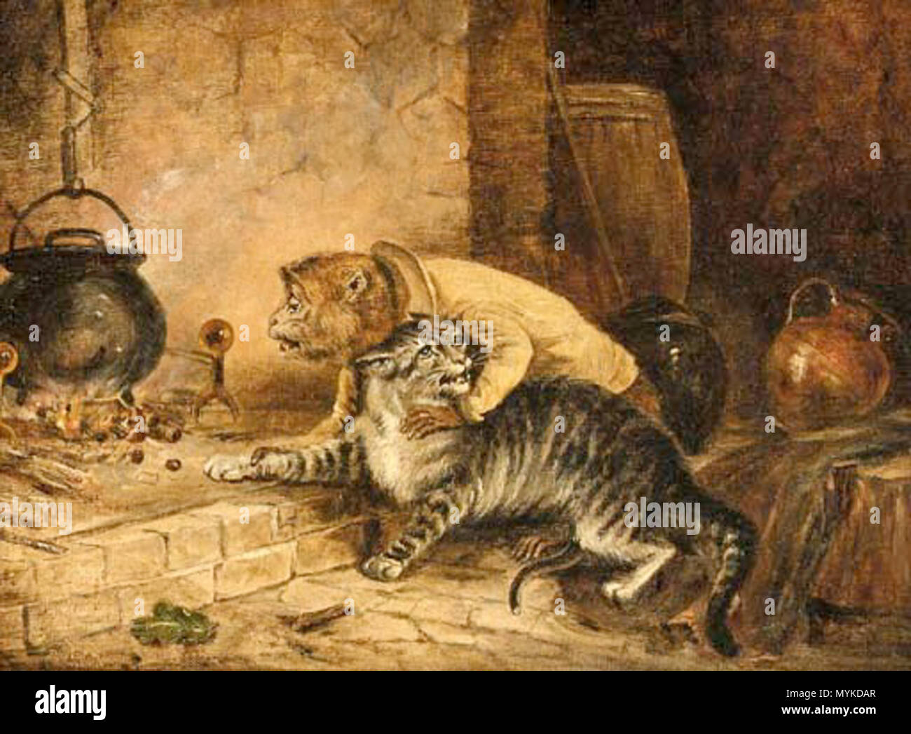 . English: A 19th century genre painting in the style of Sir Edwin Landseer . 19th century. Follower of Edwin Landseer 368 Monkey business Stock Photo