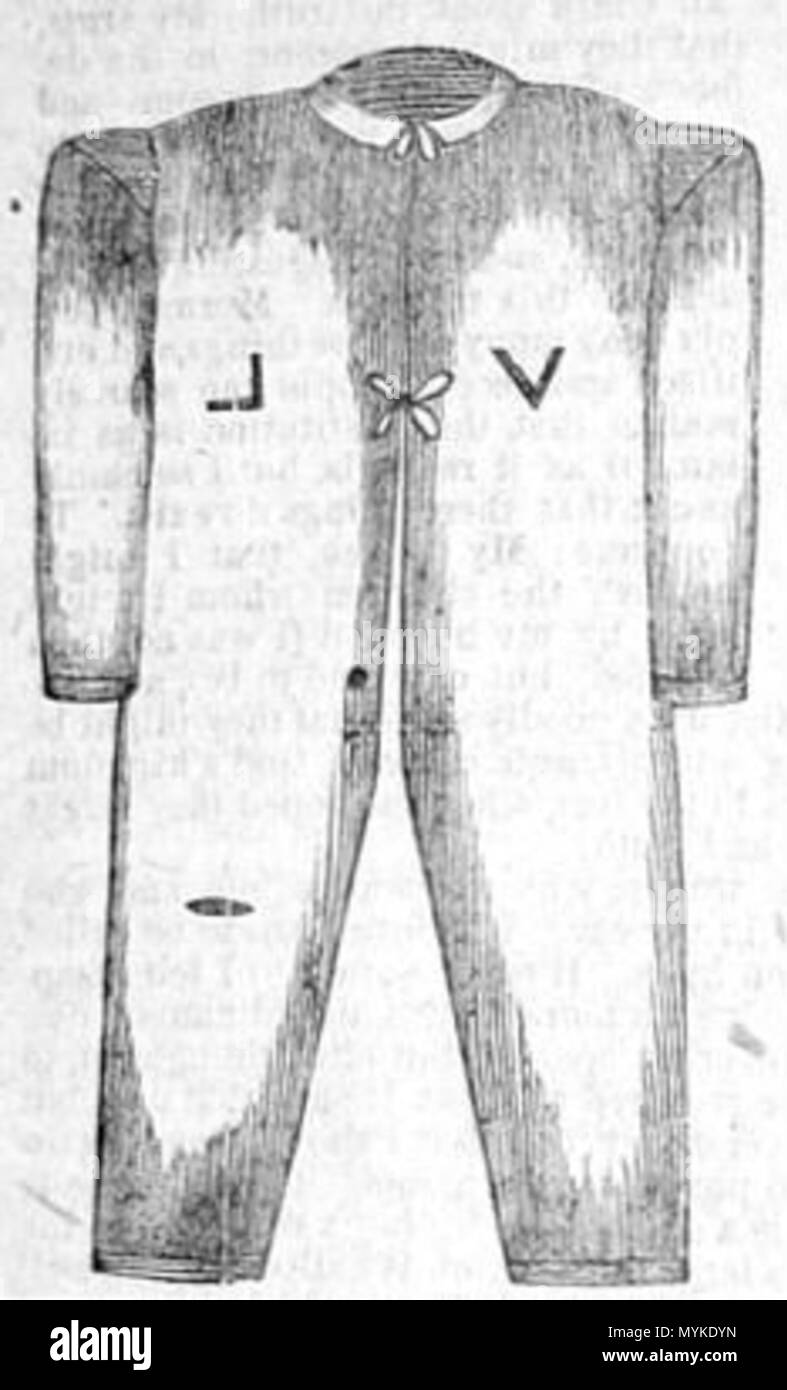 . English: Illustration of temple garment used by members of The Church of Jesus Christ of Latter-day Saints circa 1879. 1879. Artist not credited 371 Mormon garments Stock Photo