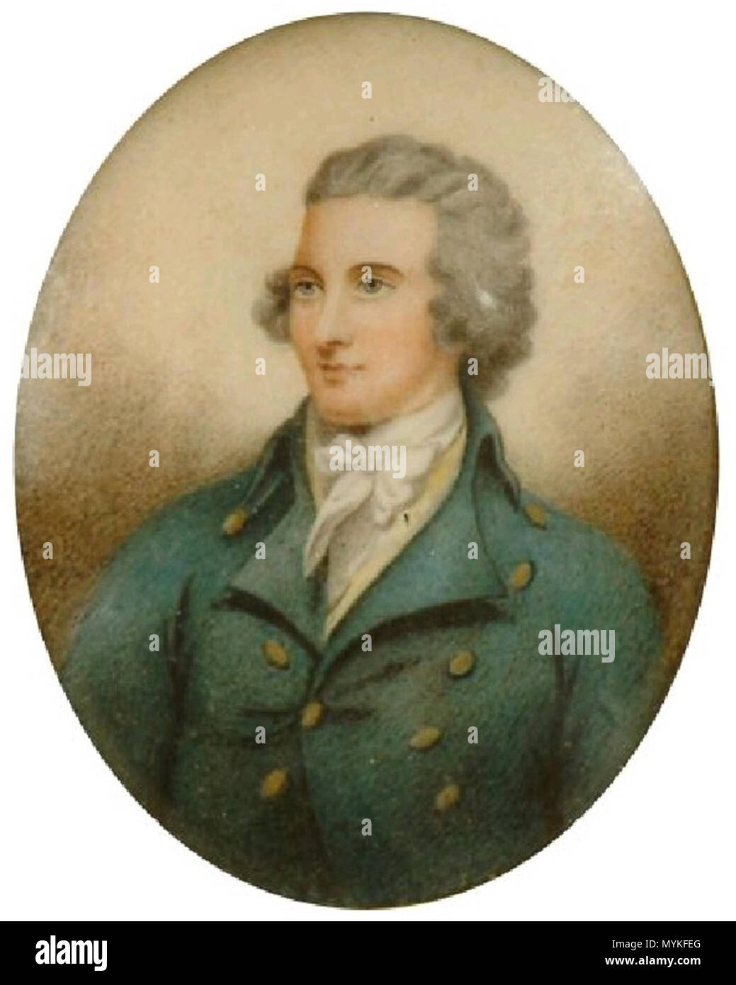 . Miniature portrait of Mungo Park, bust-length with powdered hair, white cravat and buttoned jacket on mica, oval 9.5 x 7.5cm. Footnote: Mungo Park, a Scottish surgeon and explorer, was sent out by the 'Association for Promoting the Discovery of the Interior of Africa' to discover the course of the River Niger. Having achieved a degree of fame from his first trip, carried out alone and on foot, he returned to Africa with a party of 40 Europeans, all of whom lost their lives in the expedition. . This file is lacking author information. 377 Mungo Park miniature Stock Photo
