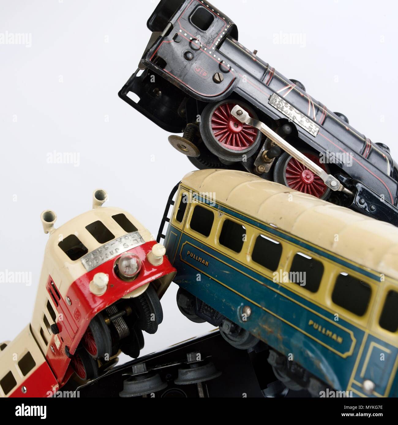 Accident between a locomotive and wagons, toys Stock Photo