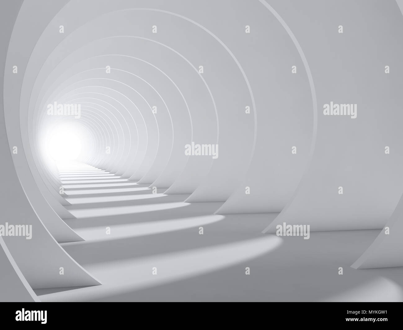 Abstract white round tunnel with glowing end and shadows pattern ...