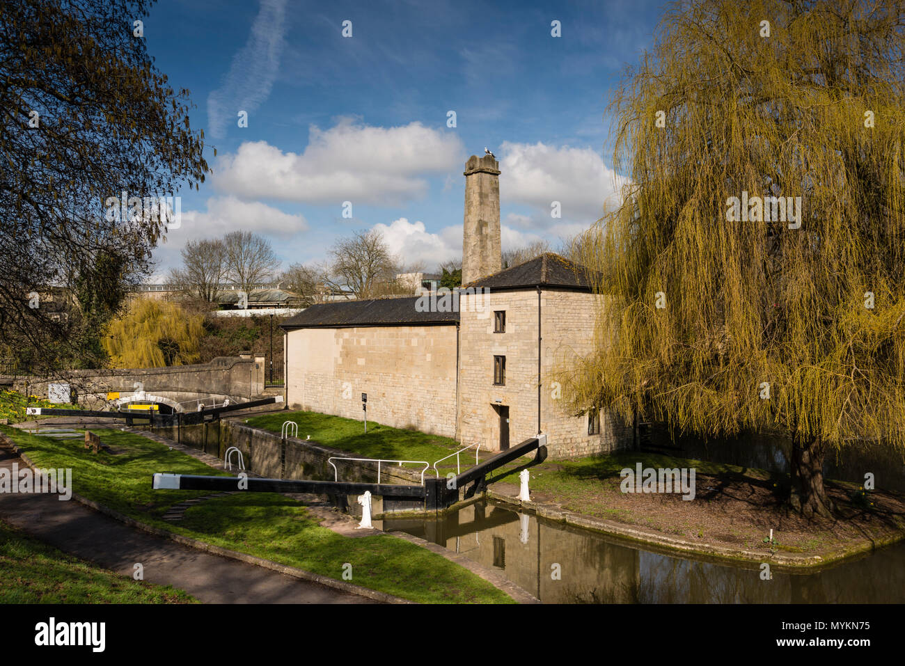 Thimble Mill Pumping Station and Widcombe Lock, Kennet and Avon Canal, Bath, Somerset, UK Stock Photo