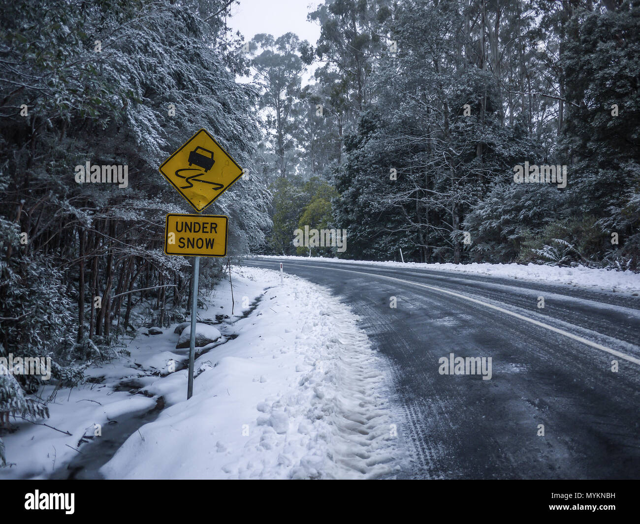 Slippery road warning sign for car drivers on side of a snow covered road. Icy scenic mountain route in winter forest. Mt Donna Buang, VIC Australia Stock Photo