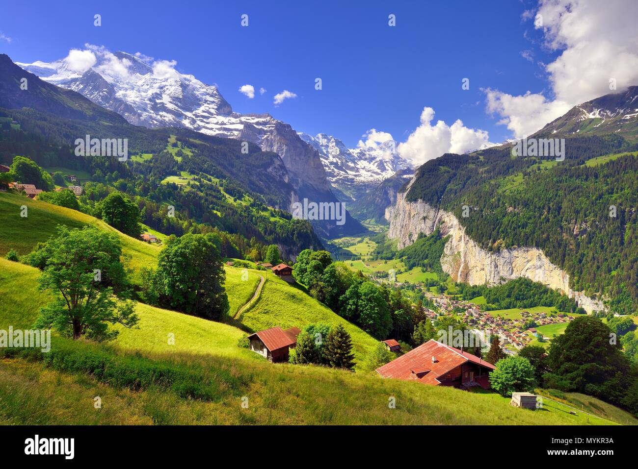 View from Wengen to Lauterbrunnen Valley and Bernese Alps with Mount Jungfrau, Lauterbrunnen, Canton Bern, Switzerland Stock Photo