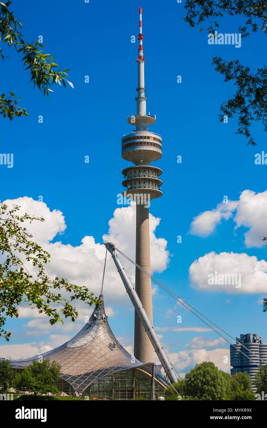 Olympic tower and tent roof, Munich, Upper Bavaria, Bavaria, Germany ...