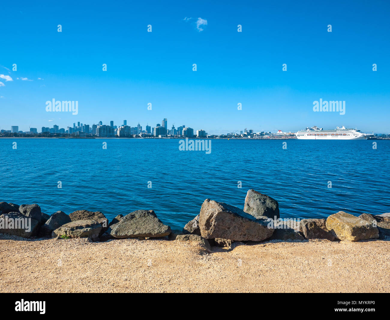 Melbourne city view from Port Melbourne. View of skyline in CBD and