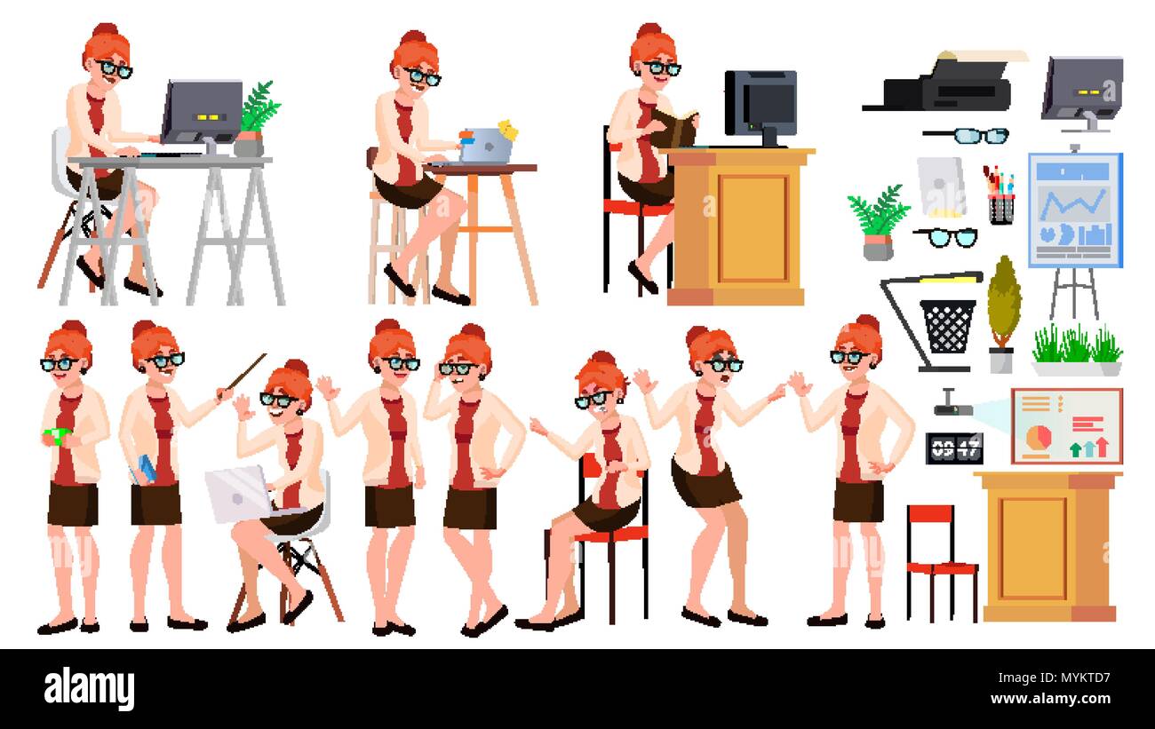 Office Worker Vector. Woman. Professional Officer, Clerk. Adult Business Female. Lady Face Emotions, Various Gestures. Isolated Cartoon Illustration Stock Vector