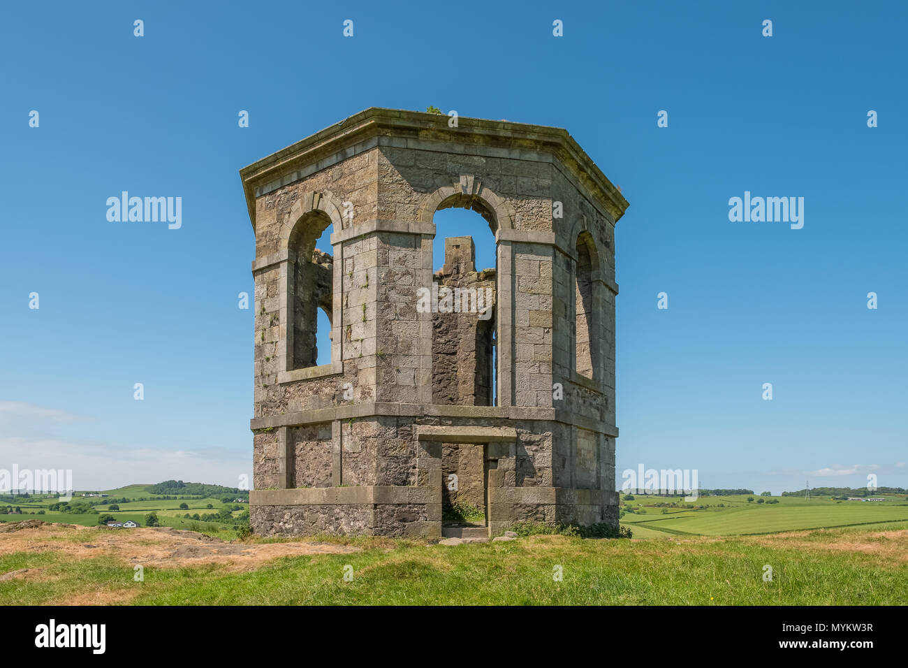 On Kenmuir Hill stands The Ancient Ruins of Castle Semple Temple that overloks the Renfrewshire Valley in Scotland. Stock Photo