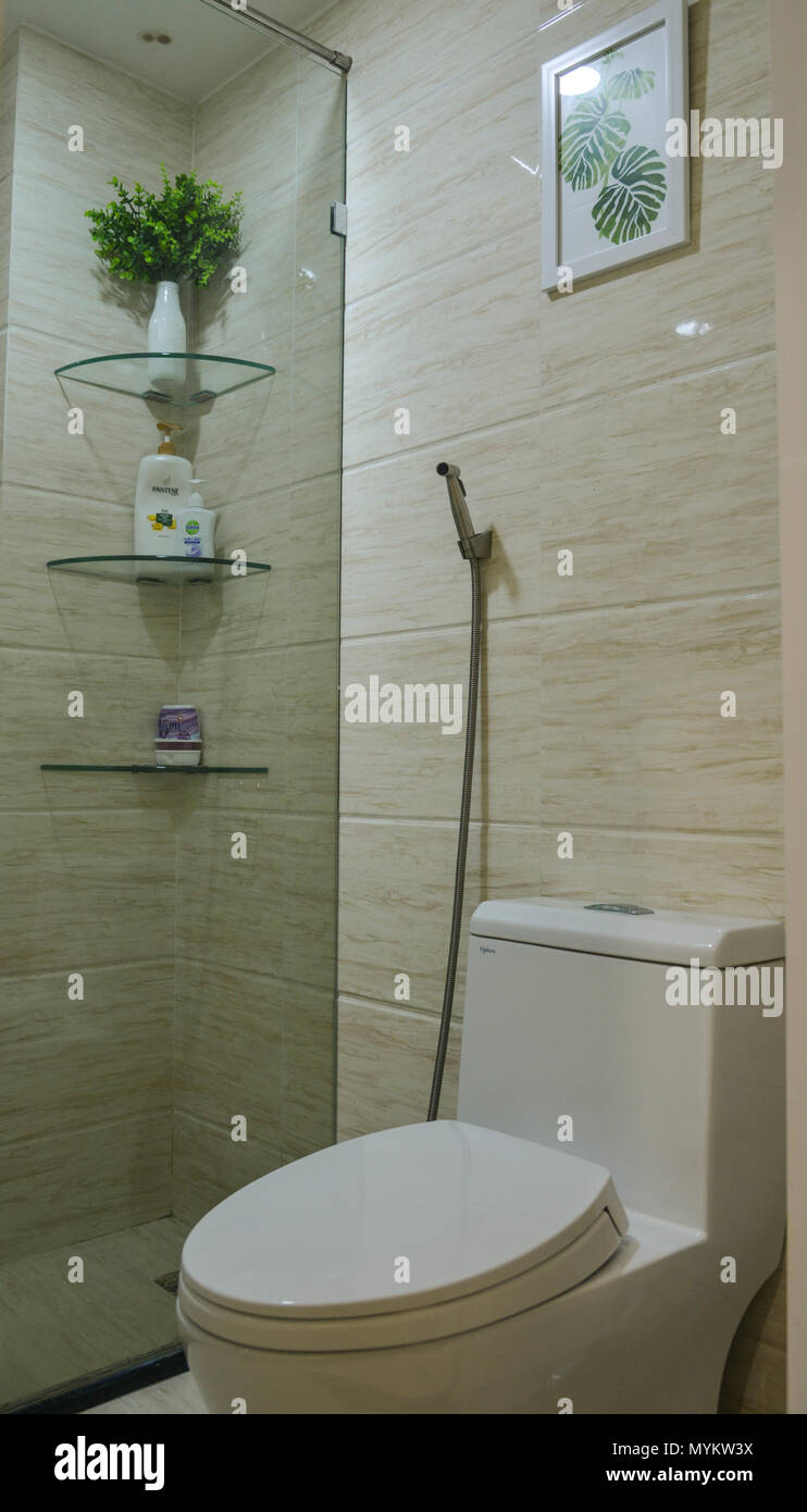 Saigon, Vietnam May 6, 2018. Modern glass bathroom of typical house