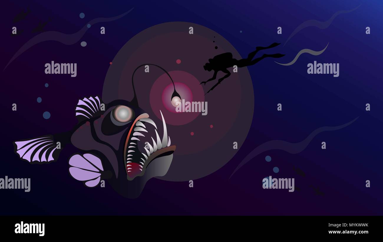 Diver underwater hunter deep in sea meet monster giant fish angler