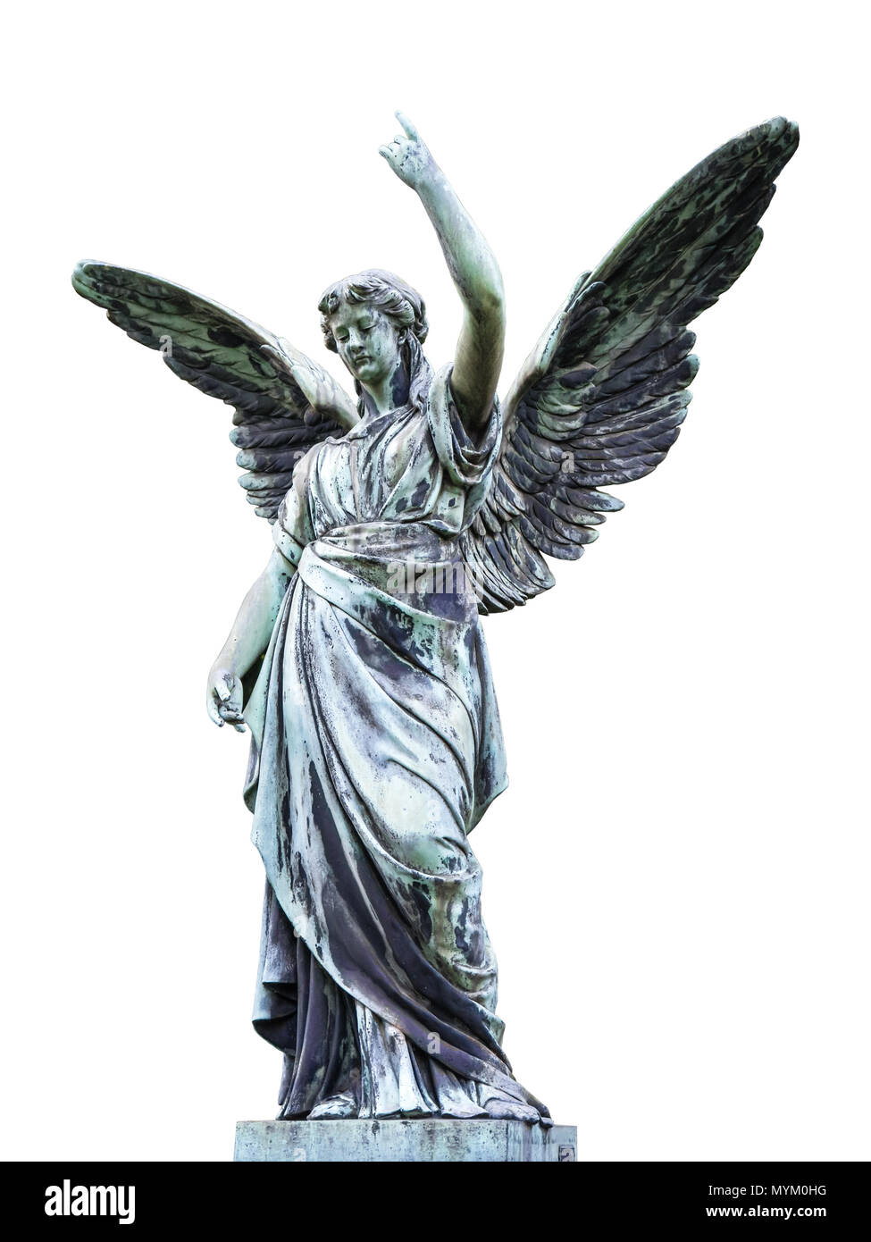 Outdoor angel statue with her wings spread out raises right hand with ...