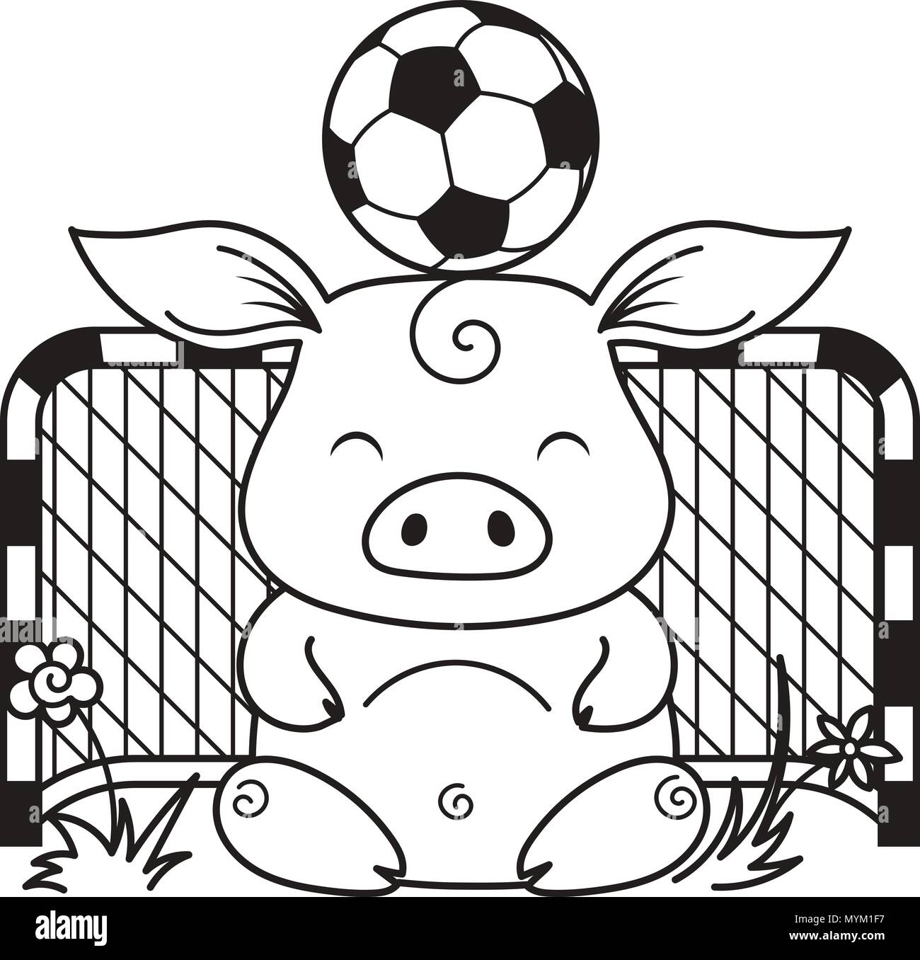 Cute cartoon pig with a soccer ball. Vector illustration. Coloring page ...