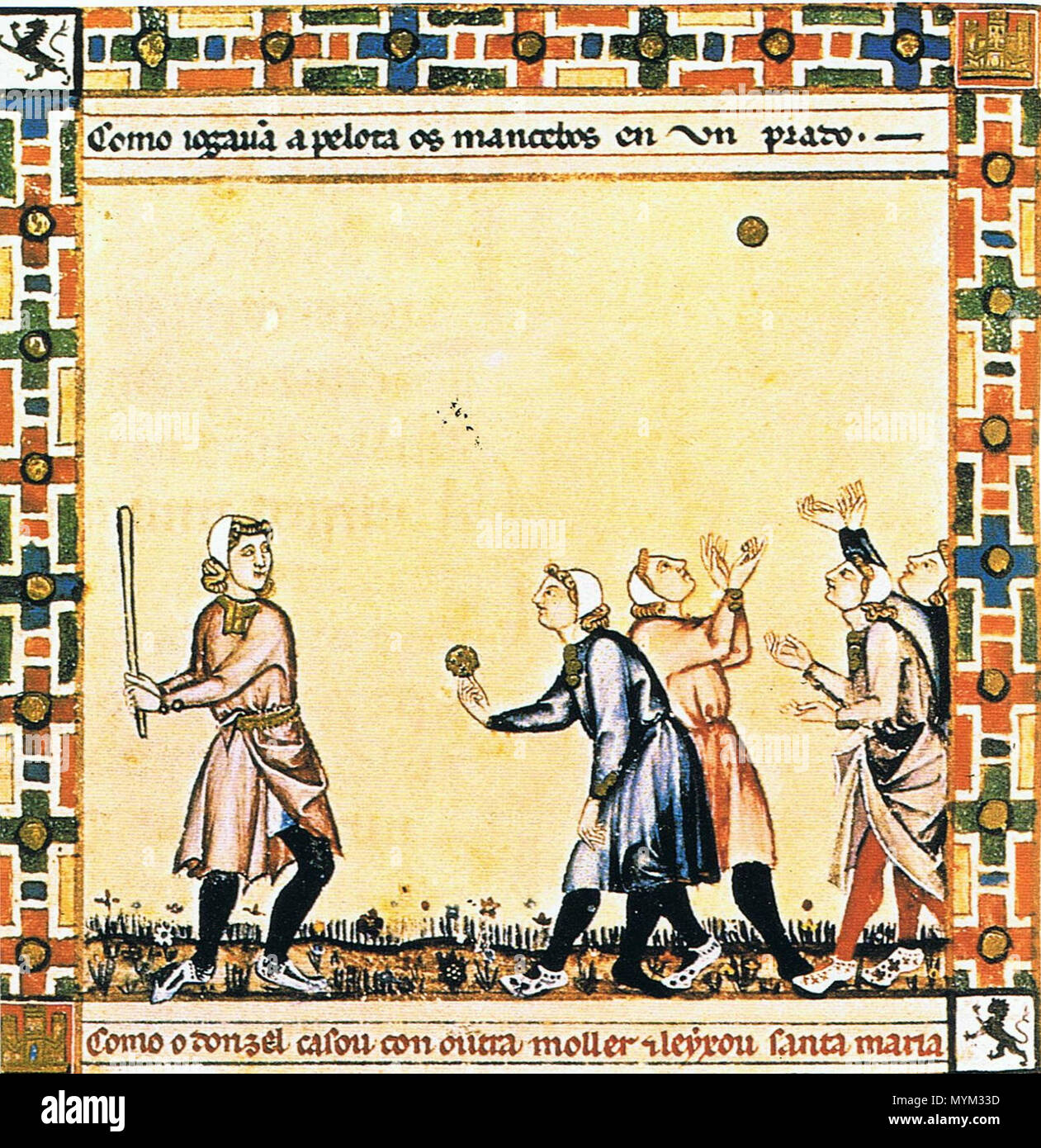 English: A game from the Cantigas de Santa Maria, c. 1280, involving  tossing a ball, hitting it with a stick and competing with others to catch  it. circa 1280. Unknown 357