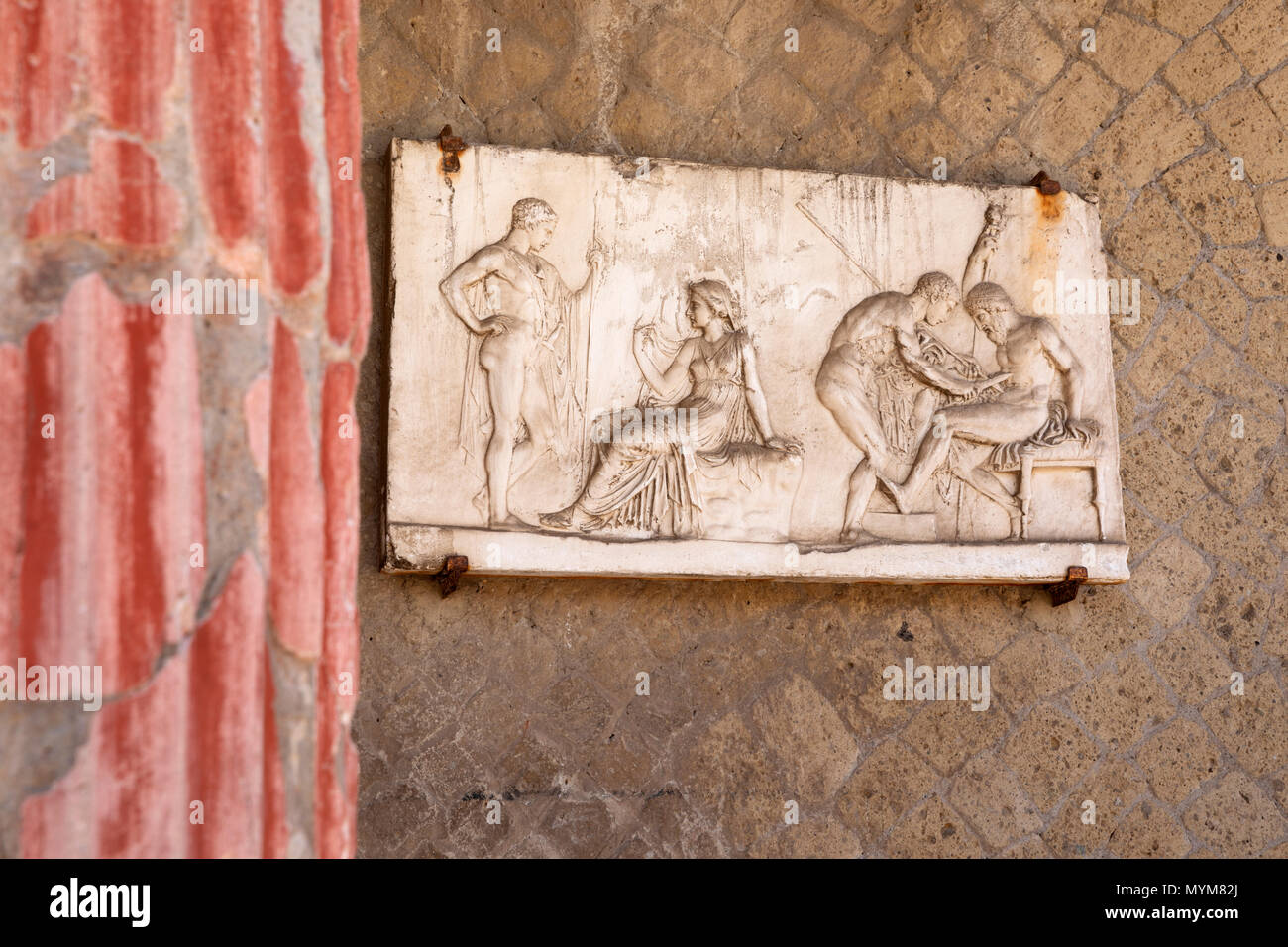 Relief of Telephus (son of Hercules the mythical founder of the city) in the House of Relief of Telephus at Herculaneum, Ercolano, Naples, Campania, I Stock Photo