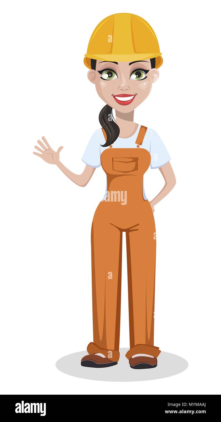Beautiful female builder in uniform, cartoon character. Professional  construction worker. Smiling repairer woman waving hand. Vector  illustration on w Stock Vector Image & Art - Alamy