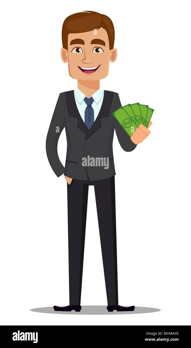 Handsome banker in business suit. Cheerful cartoon character holding money.  Vector illustration on white background Stock Vector Image & Art - Alamy