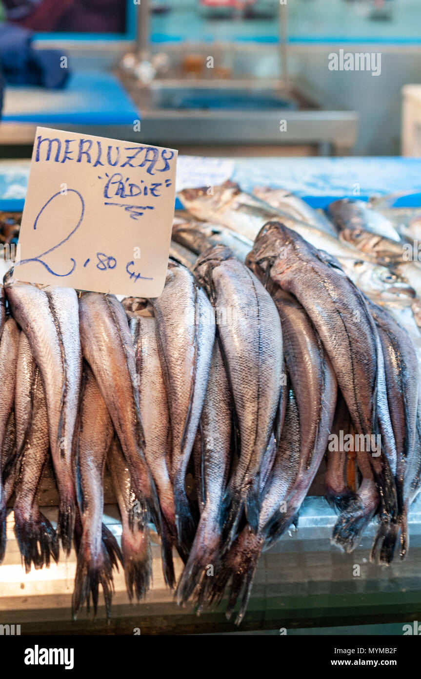 Fresh hake  -  merluzas - from Cadiz on a Spanish fish market Stock Photo