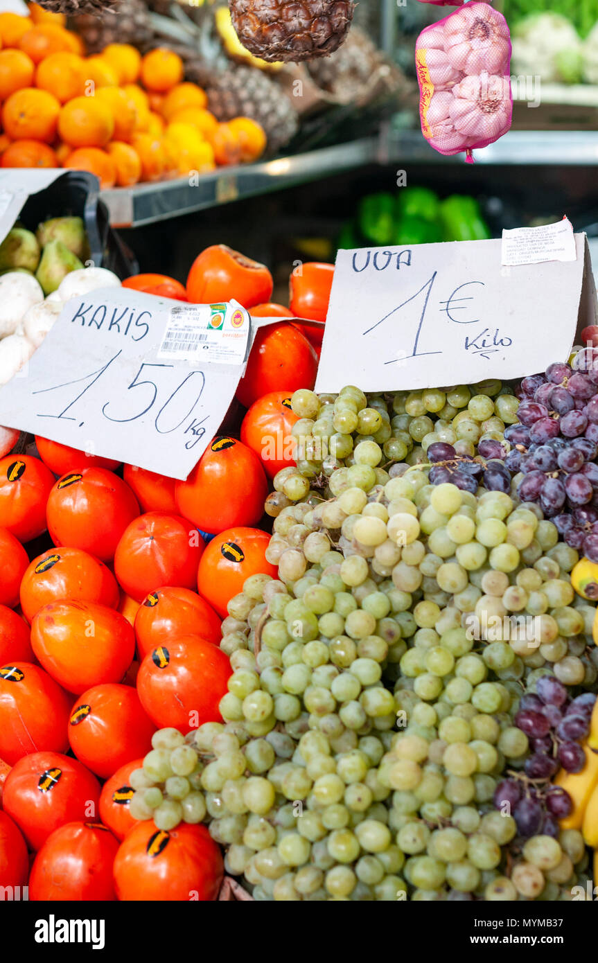 A colourful selection of fresh fruit on a Spanish market stall Stock Photo