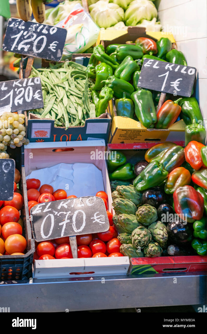A colourful selection of fresh vegetable on a Spanish market stall Stock Photo