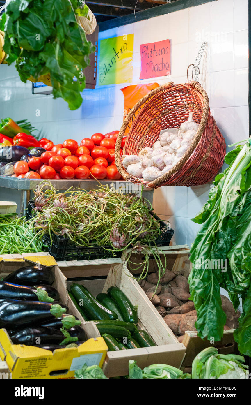 A selection on fresh vegetables on a Spanish market stall Stock Photo