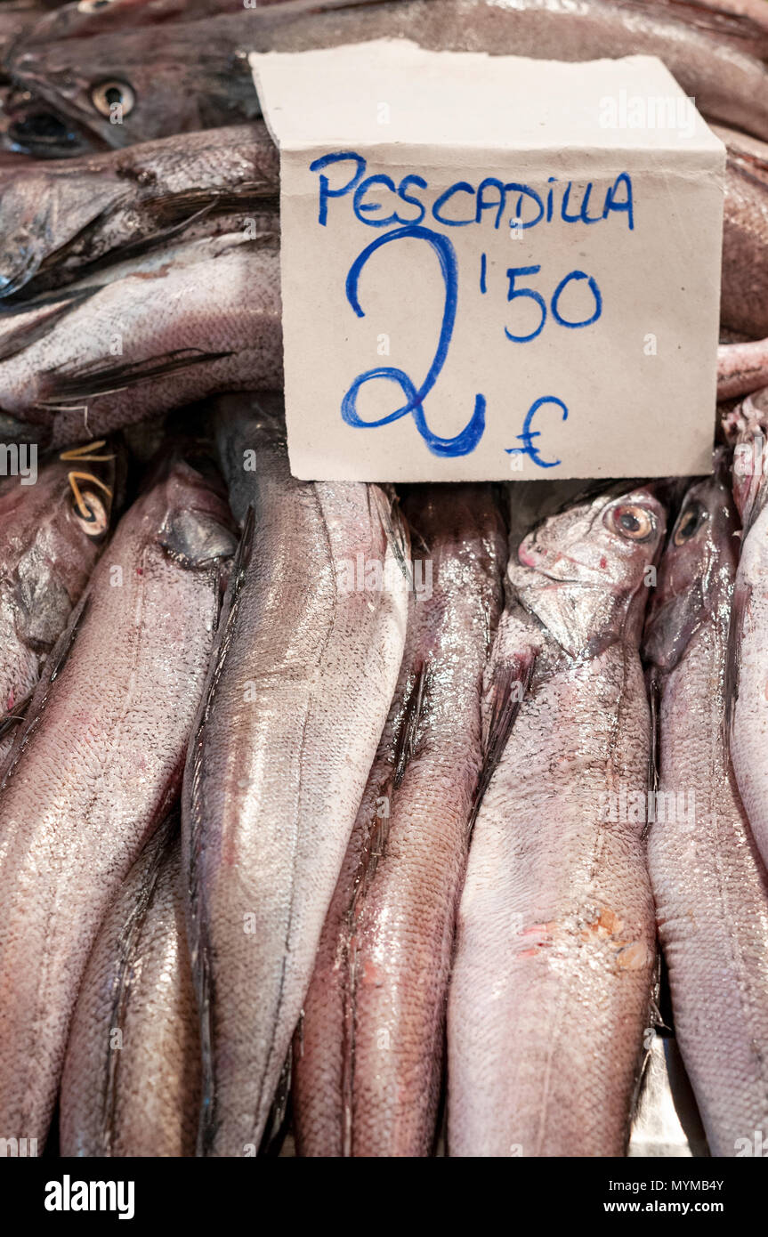 Fresh fish on a Spanish market stall -  pescadilla -  whiting Stock Photo