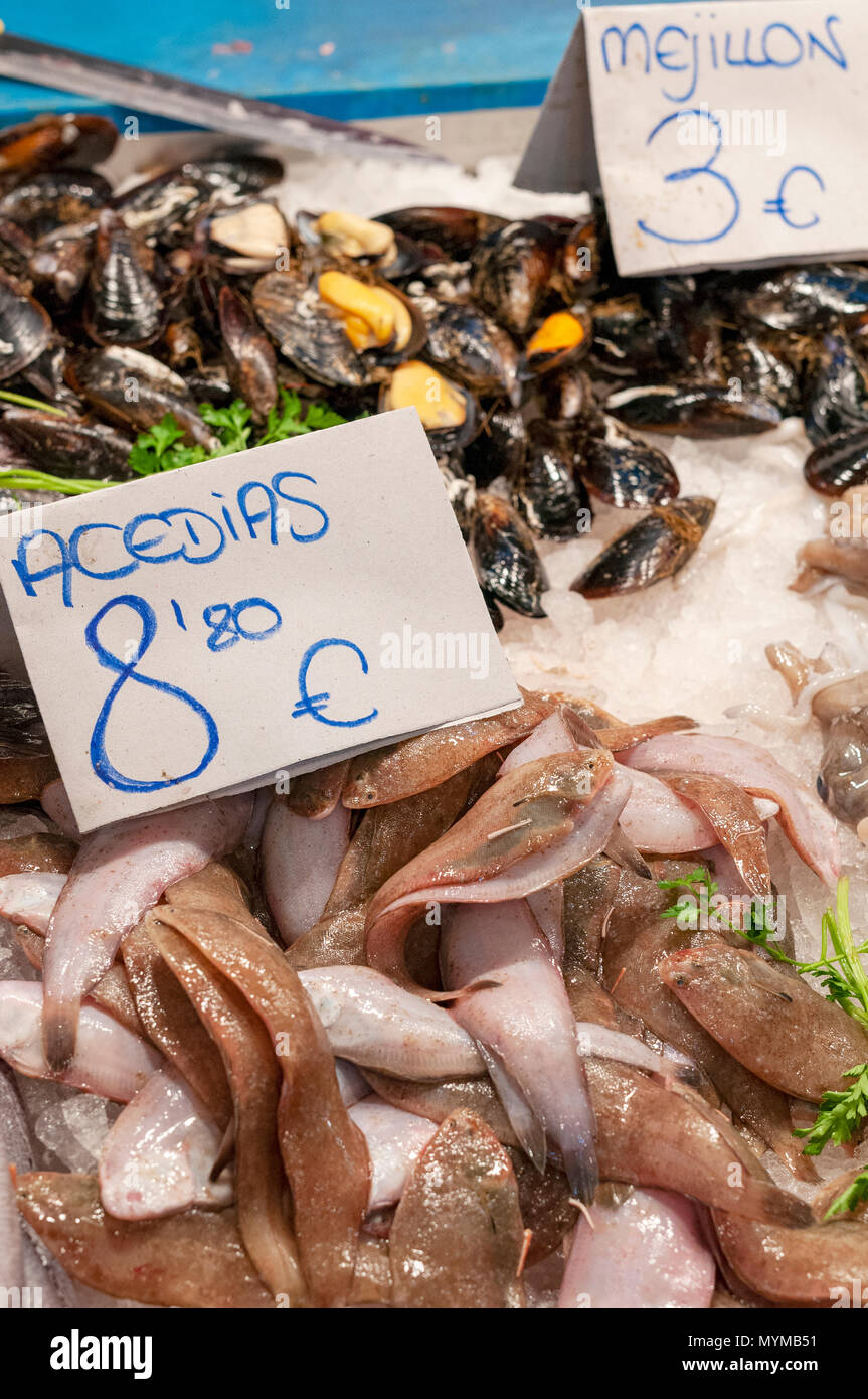 Fresh fish on market stall -  acedias and mejillons - flounder and mescles Stock Photo