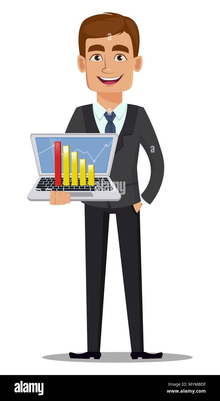 Using Computer A Banker Cartoon Handsome banker in business suit. Cheerful cartoon character holding ...