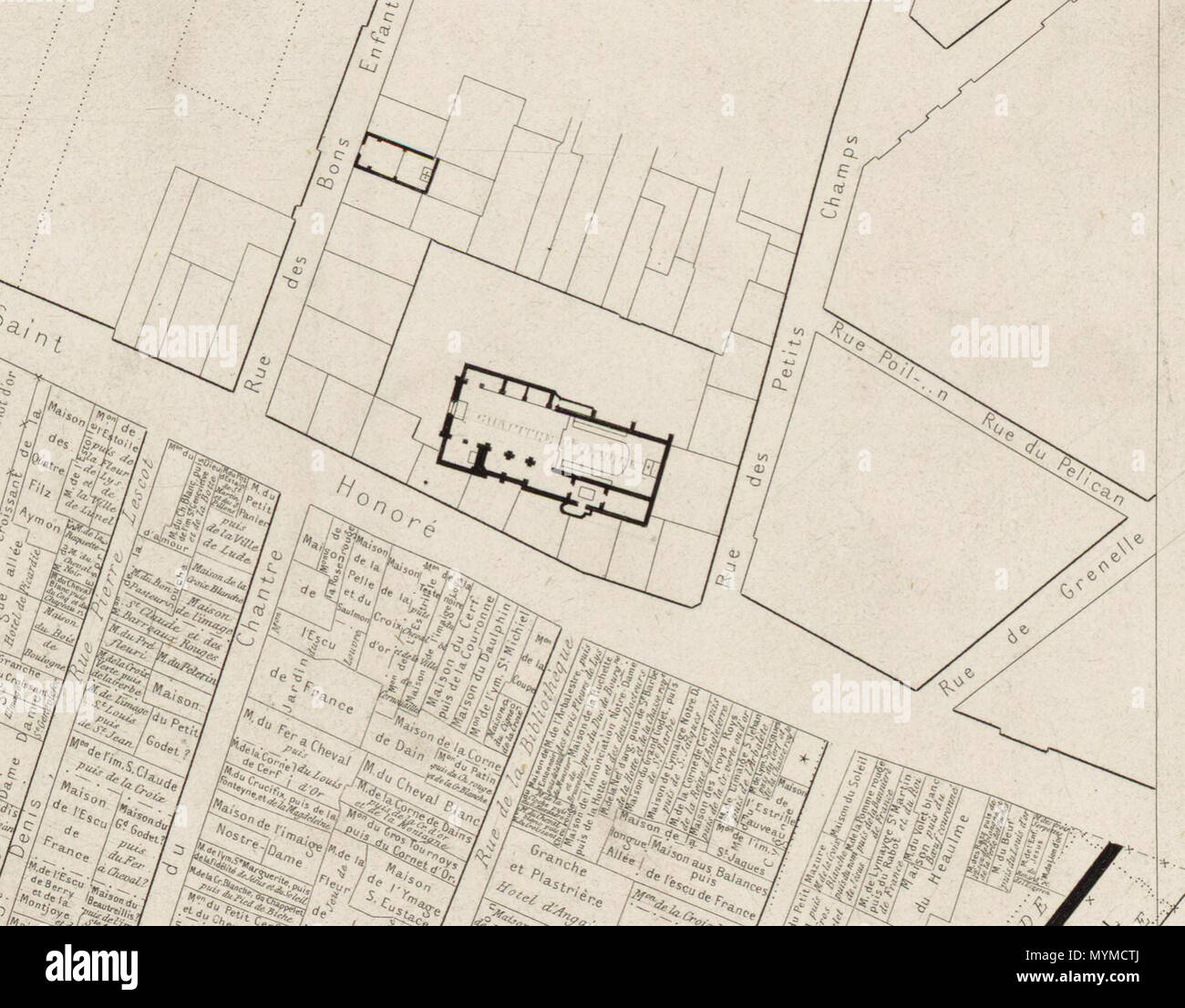 . Français : Plan reconstitué de la collégiale Saint-Honoré . circa 1880. Albert Lenoir et Adolphe Berty 408 Paris Collegiale Saint Honore Lenoir-Berty Stock Photo